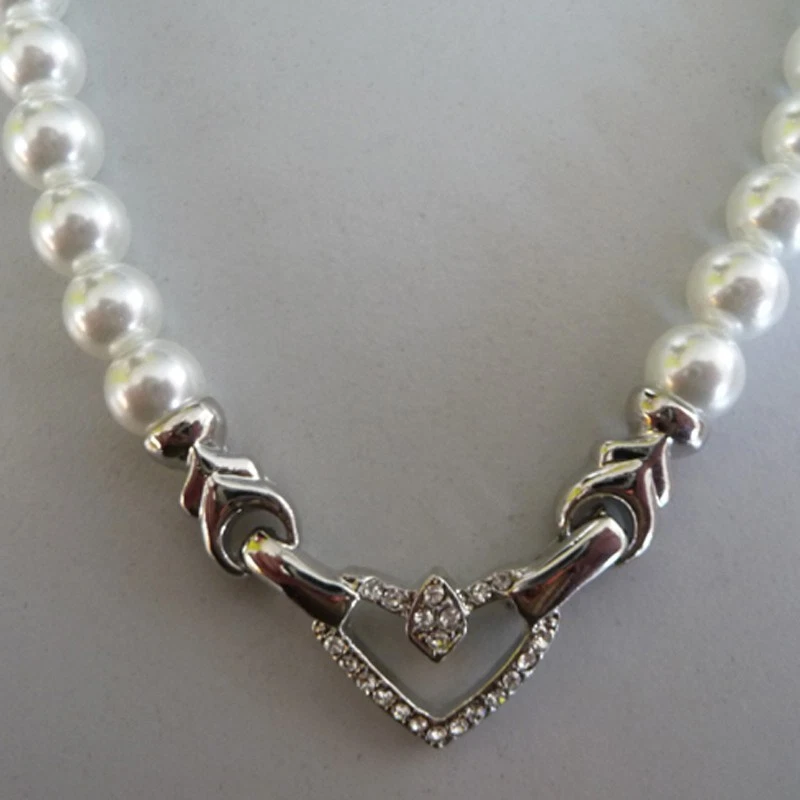 Collana Di Perle 8Mm Con Chiusura A Cuore Gioielli Da Sposa Bianco - Immagine 3 di 4