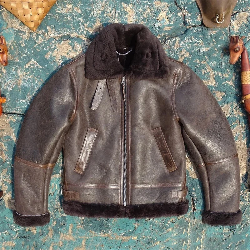 Classic B-6 Sheepskin Shearling Leather Bomber Jacket Men’s Winter Fur Coat