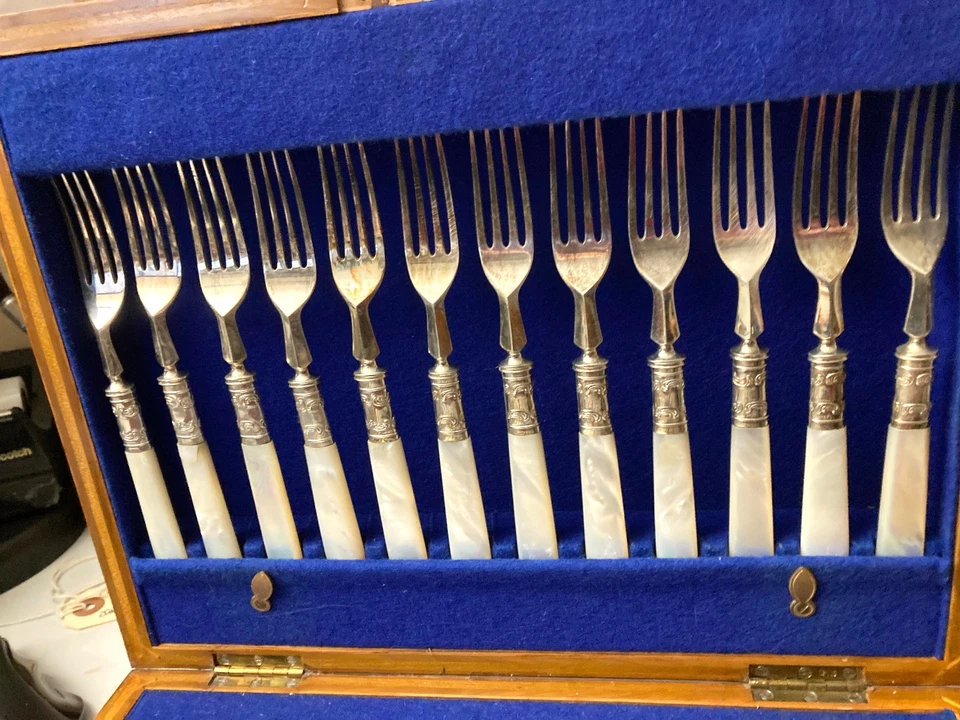 ANTIQUE BIRKS & SONS SILVER PLATE MOTHER OF PEARL BOXED FRUIT SERVICE FOR 12 - Image 3 of 4