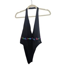 Savage X Fenty Womens Black One Piece Bodysuit Size M Thong Halter Deep V-Neck