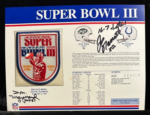 Joe Namath & Don Maynard Signed 9x12 Willabee & Ward Super Bowl III Patch Card
