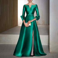 Emerald Green Satin A Line Evening Dresses Floor Length Side Split V Neck Belt