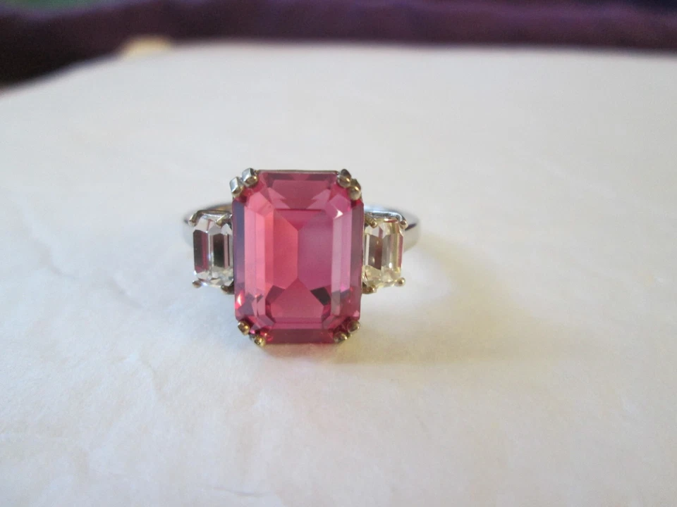 Anillo de platino sobre plata de ley con cristal de Swarovski rosa rosa (talla 10) Foto 4 de 4