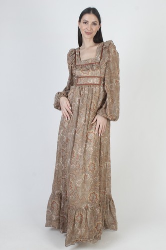 Vtg 70s Brown Prairie Dress Paisley Psychedelic Cottagecore Hippie Boho Maxi - Picture 3 of 8