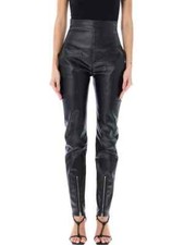 Women Leather Hem Zip High Waist Stretch PU Trousers Slim Splicing Pencil Pants