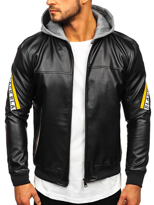 Kunstlederjacke Bikerjacke Sweatjacke Jacke Sport Classic Herren Mix BOLF Kapuze