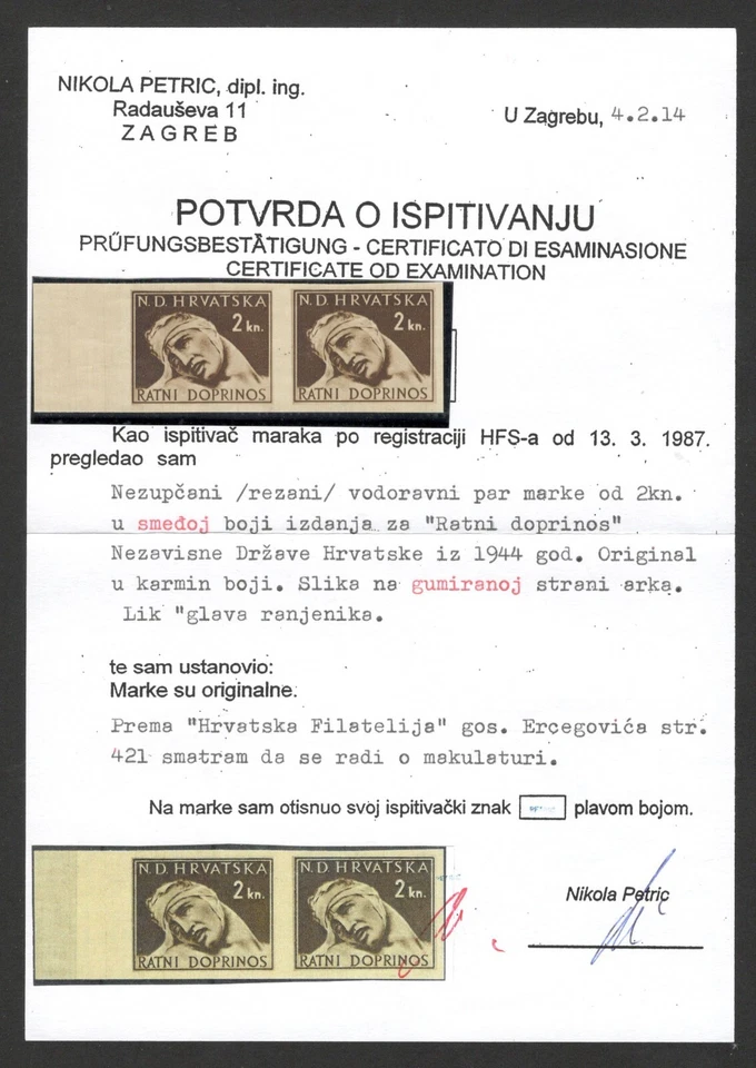 NDH CROATIA - MNH PAIR -CERTIFICATE-PICTURE IS ON THE RUBBERED SIDE-ERROR -1944. - Image 3 of 4