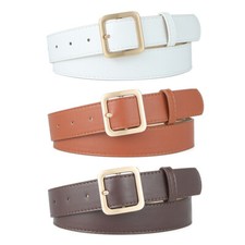 Women Metal Square Buckle Faux Leather Narrow Waist Belt Jeans Pants Waistband