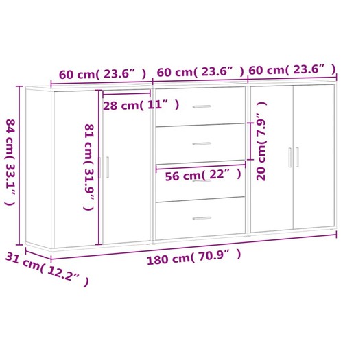 3PCS Sideboard Cabinet Home Storage Cupboard Buffet with Doors Drawers Unit - Picture 7 of 26