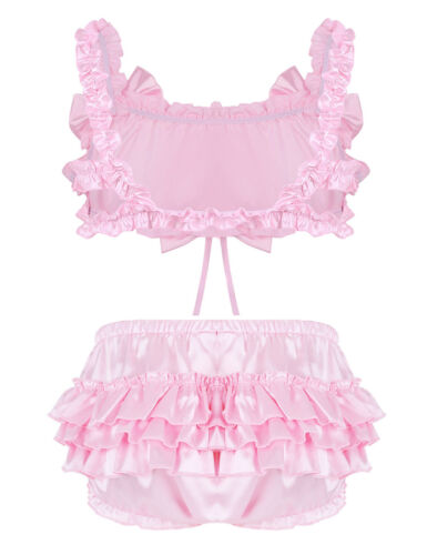 Set Reggiseno Uomo Sissy Frilly Arruffato Senza Ferretto Bralette con Mutandine Set Lingerie - Foto 15 di 48