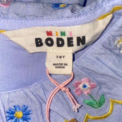 Mini Boden Dress Size 7-8Y Blue Chambray Smocked Pin Pleat Flower Embroidery New - Picture 7 of 12