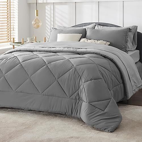 Size Comforter Set - 7 Pieces Reversible Bed in a Bag Bed Set King 01 - Grey - Picture 1 of 6