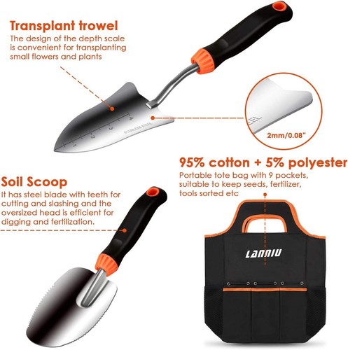 Garden Tool Set 9 Pieces Stainless Steel Non-Slip Rubber Grip & Storage Pocket - Picture 4 of 6