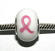 Breast Cancer Awareness Pink Ribbons European Bead, Lampwork Glass Fits Bracelet