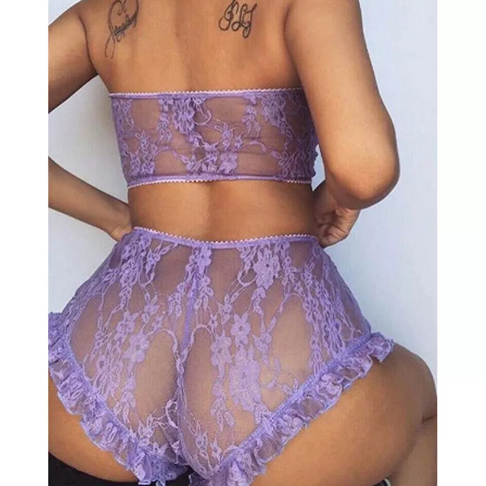 Lavender Lace Sheer See Through Lingerie Set Strapless Bra Panty Underwear  S-XL