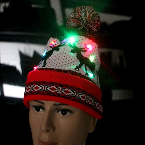 10 LED Christmas Deer Knitted Hat Winter Warm Light-Up Colorful Knit Beanie Cap - Picture 6 of 12