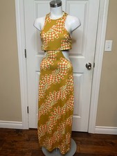 Adidas X Farm Rio Victory Psychedelic Gold Wave Victory Gold Midi Dress Sz M NWT
