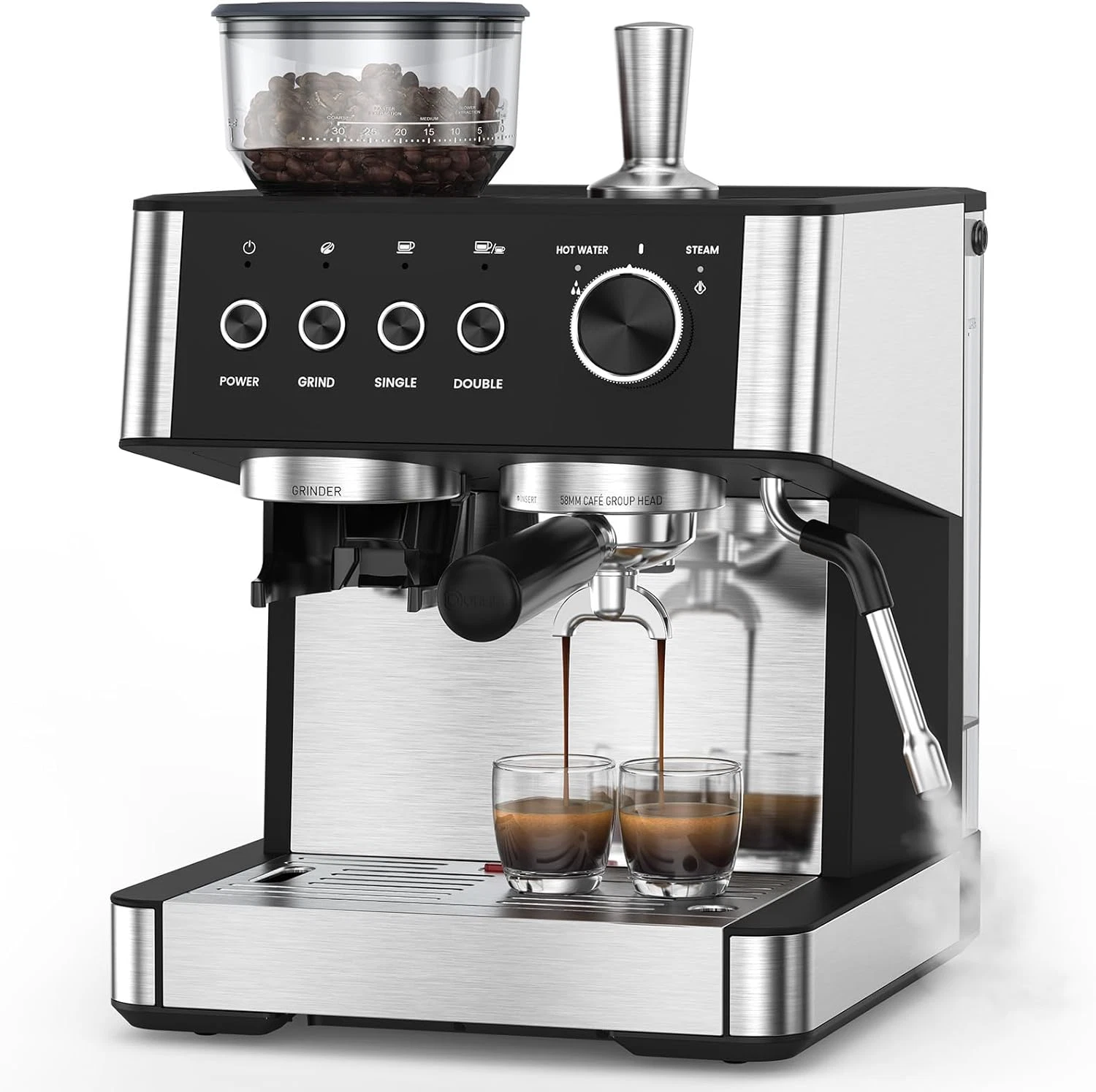 15 Bar Espresso Machine with Grinder & Milk Frother - Home Coffee Maker Black