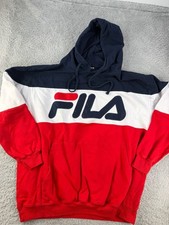 Fila Colorblock Logo Fleece Pullover Hoodie - Navy, White, and Red