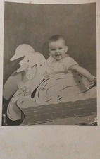 Very Happy Baby Posing in Swan Infant Rocker, Vintage 1930s Photo  