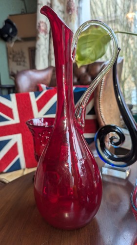 Hand Blown Large Empoli ? Glass Jug Pitcher Deep Red Handle Stunning Vintage - Picture 3 of 14