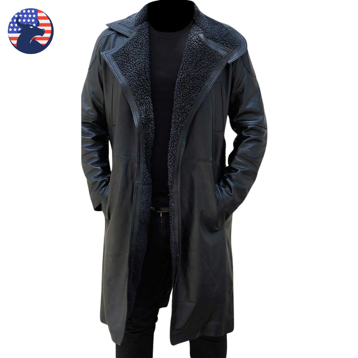 豪華✨リアルレザー＆リアルファー ベルテッドコート ゴートレザー ブラック Men's Real Sheepskin Trench Coat Shearling Fur Belted Black