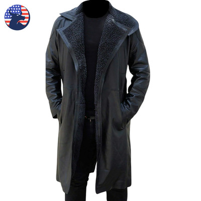 Mens RAF Black Sheepskin Trench Coat Shearling Fur Belted Leather Jacket Vintage