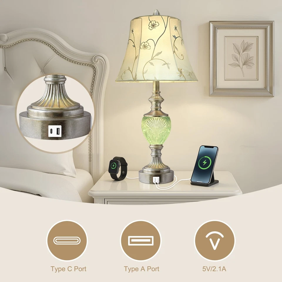 Bedside Table Lamp Set of 2 with Nightlight and USB A+C Ports 27'' High Vinta... Foto 4 de 4