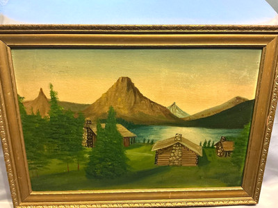 OLD MONTANA TWO MEDICINE LAKE GLACIER PARK NAIVE FOLK ART WESTERN OIL PAINTING