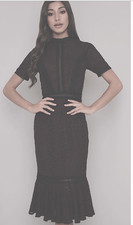 Chi Chi Sharney Dress Berry Red Black Inserts Pencil Style Frill Hem Midi 8-10