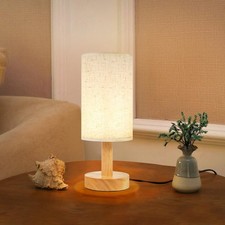 Small Bedside Table Lamp for Bedroom,Natural Round Wood BaseFabric Linen Shad...