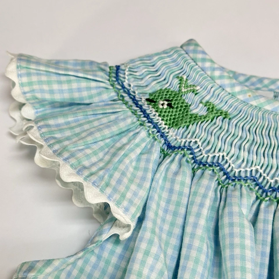 Vestido Amanda Remembered Smocked Whales 12m Boutique Azul Verde Gingham Check Muito Bom Estado Usado - Imagem 4 de 4