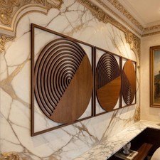 Modern Round Boho Wood Wall Art Set of 3–Mid Century Geometric Wooden Wall Decor