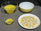 VINTAGE Pyrex YELLOW FROSTED Chip and Dip bowls MIKASA flower plate bowl