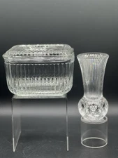Vintage Anchor Hocking Ribbed Refrigerator Square Dish w/ Lid & Forstora 5” Vase