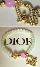 Dior Gold Pearl Zip Pull Iridescent Glass Stretch Bracelet 