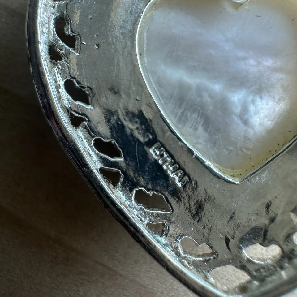 Colgante De Colección 1 5/8" Corazón MOP Shell Cabujón Marcasita 925 Filigrana Esterlina 7.6g Foto 4 de 4