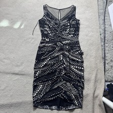 Adrianna Papell Dress Womens 4 Black White Sleeveless Ruched Sheath Mesh Overlay