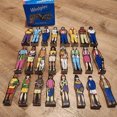 Vtg Guidecraft Wooden Wedgies Multi-Cultural Family Figures Rare W/Box