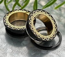 PAIR Black with Gold Filigree Rim & Interior Screw Fit Tunnels Ear Plugs Gauges