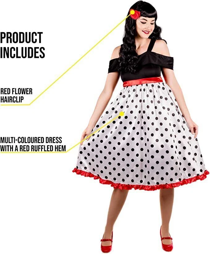 Disfraz Rock N Roll para mujer años 50 + pinza para el pelo S - XXL Vestido Rockabilly para dama años 50 Foto 3 de 4