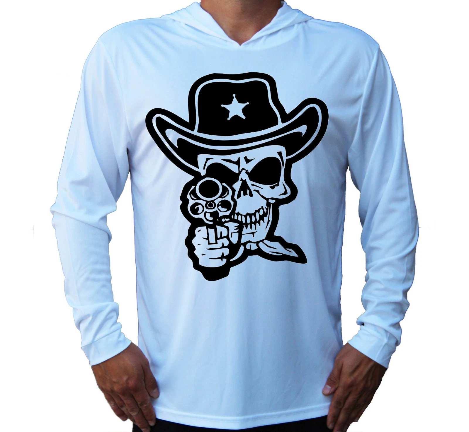 Cowboy Sheriff Skull Gun UV Protected UPF 50 Long Sleeve Fishing Boat Hood Gift