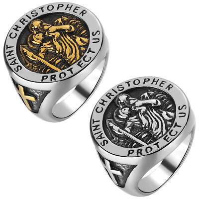 Men Retro Stainless Steel St Saint Christopher Protect Ring Catholic Signet  Band - Main Image