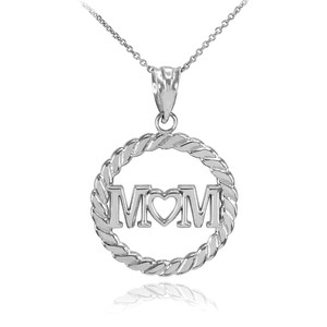 14k White Gold MOM Heart in Circle Rope Pendant Necklace