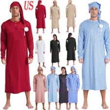 Men's Striped Robe Long Sleeve Nightshirt Henley Sleep Shirt with Sleeping Cap