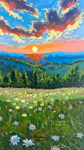 Original Landscape Painting Signed Impressionism Sunset Flowers Floral Wall Art - Video 1 of 1