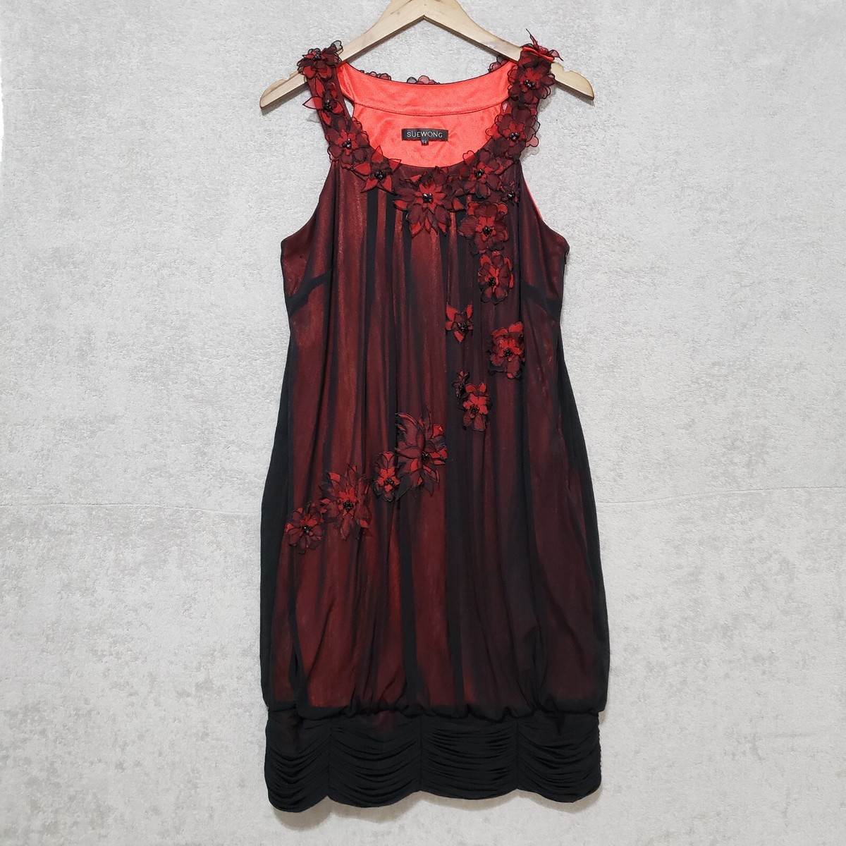sue wong beaded halter dress 14 Short Floral Mesh Black Red Lined Designer Retro July 26  Drop