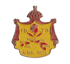 Vintage 1973 Aloha Week Tie Tack pin souvenir Red Yellow enameled 