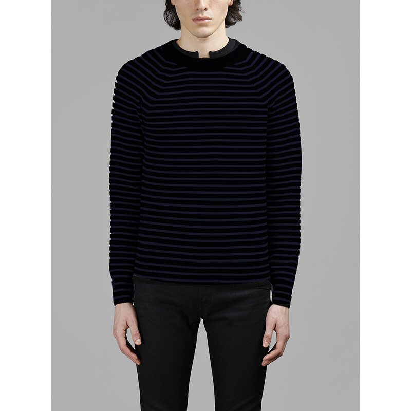 MAGLIONE XS NUOVO $690 SAINT LAURENT da uomo nero a righe blu LAVORATO A MAGLIA LANA a maniche lunghe
