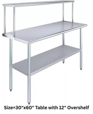 Heavy Duty Commercial Stainless Steel Work Table & Wide Single Tier Overshelf
